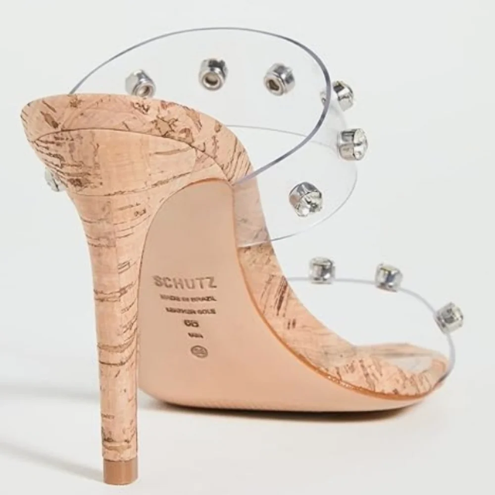 Schutz Ariella Cork Vinyl Stiletto Heel Sandals 9 - Picture 3 of 9